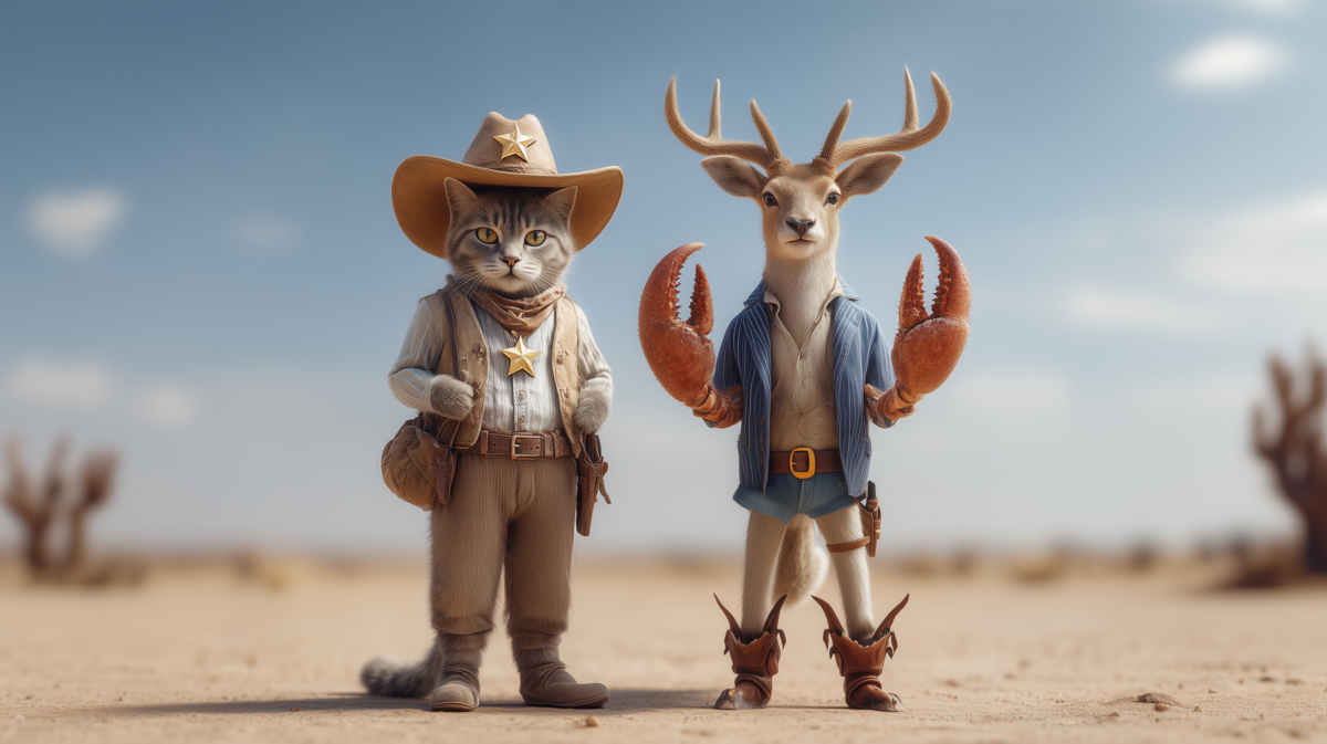 A cat dressed as a sheriff and a deer with crab claws, dressed in jeans shorts and cowboy boots, standing next to each other in a desert.