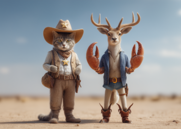 A cat dressed as a sheriff and a deer with crab claws, dressed in jeans shorts and cowboy boots, standing next to each other in a desert.